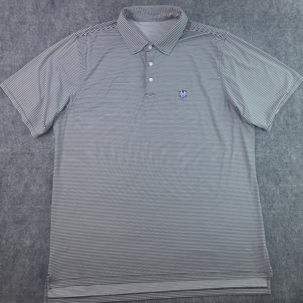 B Draddy Sport Polo‎ XL White Blue Striped Short Sleeve Performance Stretch Golf